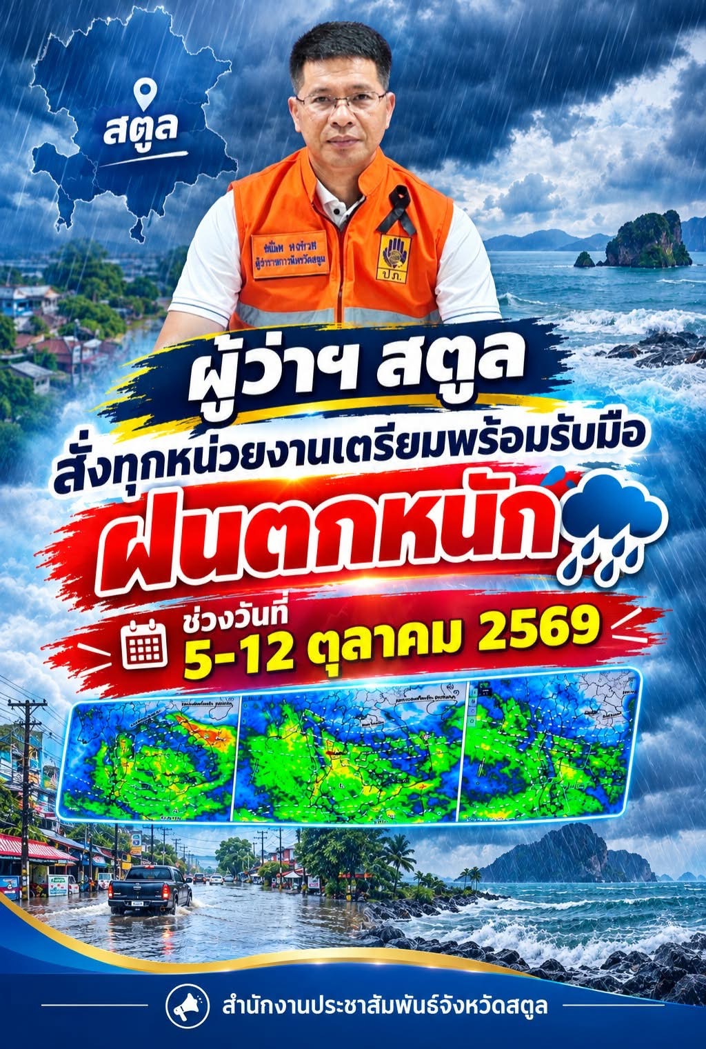 ผู้ว่าฯ สตูล สั่งทุกหน่วยเตรียมพร้อมรับมือฝนตกหนัก พร้อมตั้งศูนย์บัญชาการเหตุการณ์ เฝ้าระวังฝนตกหนักในพื้นที่ช่วง 5&ndash;12 ต.ค. นี้ .